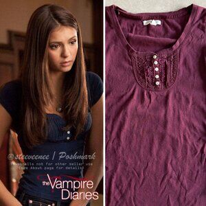 Aeropostale Stretch Ruffle Scoop Neck Henley Tee ALT ASO Elena Gilbert